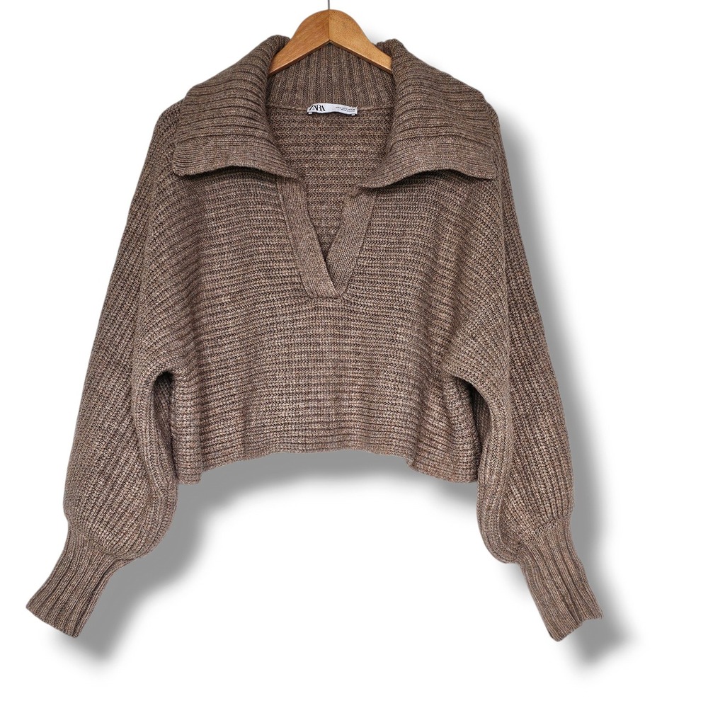 Zara Chunky Knit Sweater L Womens Brown Cropped Balloon Sleeve Shawl Collar Fall
